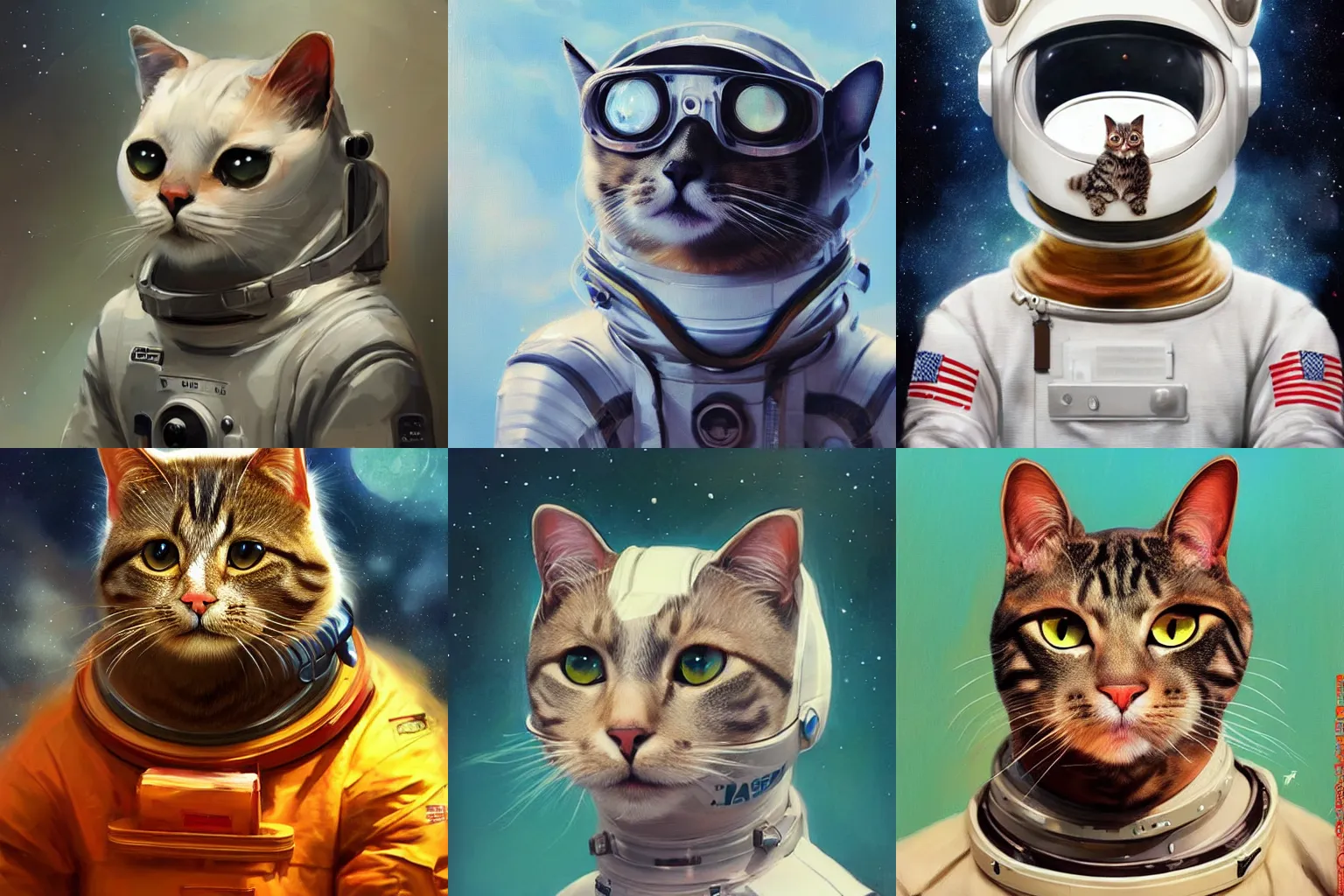 Prompt: head and shoulders masterpiece portrait of a cat wearing a spacesuit, surreal background, digital art by Krenz Cushart, trending on artstation, cgsociety,