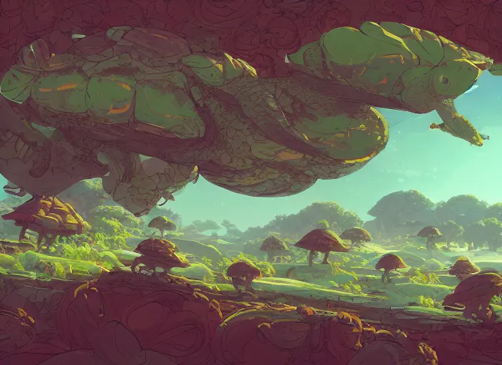 Prompt: concept art of a turtle landscape made of turtles, cel shaded, in the style of makoto shinkai and moebius and peter mohrbacher and anton fadeev