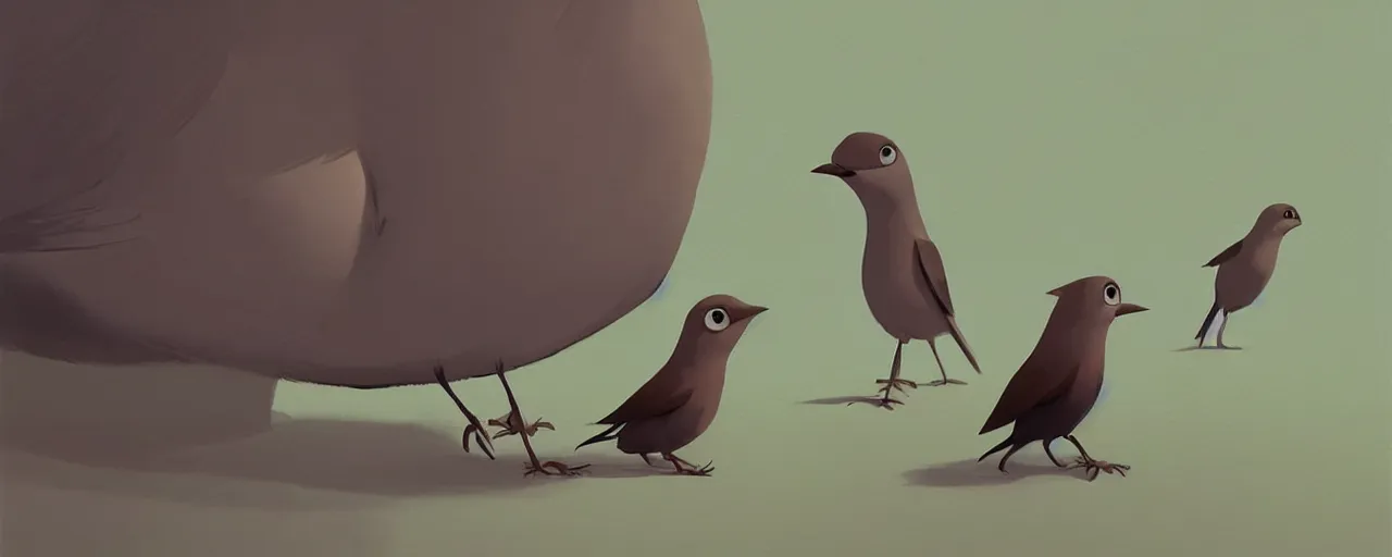 Prompt: gori fujita ilustration a game development studio, little worried birds are secretly talking close up painting by goro fujita, sharp focus, highly detailed, artstation