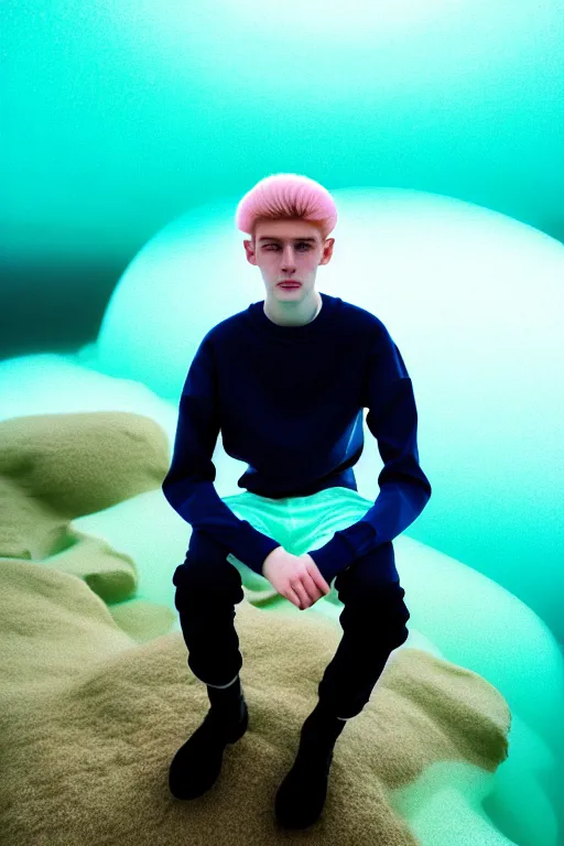 Image similar to high quality pastel coloured film mid angle portrait photograph of a beautiful young 2 0 year old male, soft features, short hair, perspex space visor and oversized inflated clothing!!!! icelandic black! rock pool environment. atmospheric three point light. photographic. art directed. ( pastel colours ). volumetric. clearcoat. waves. 8 k. filmic.