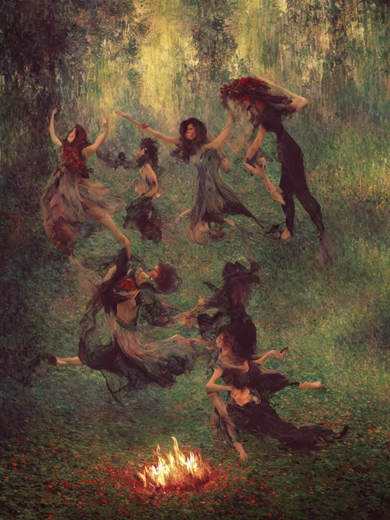 Image similar to illustration studio portrait of witches dancing and floating around a big firepit in artistic poses at the forest in a witch's dark coven, monet painterly motives and textures pattern, hyper detailed, octane render, vivid colors, artstation, by jeremy mann, by alphonse mucha, by monet