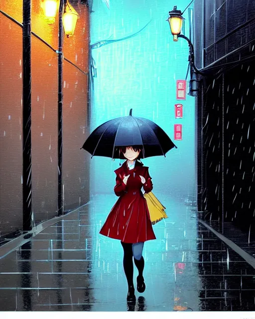 Image similar to cute girl with umbrella in the rain, walking in an alley. | very very anime!!!, fine - face, audrey plaza, realistic shaded perfect face, fine details. anime. realistic shaded lighting poster by ilya kuvshinov katsuhiro otomo ghost, magali villeneuve, artgerm, jeremy lipkin and michael garmash and rob rey