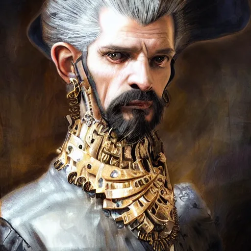 Prompt: portrait, headshot, insanely nice hair style, digital painting, of a old 17th century, old cyborg merchant, amber jewels, baroque, ornate clothing, scifi, realistic, hyperdetailed, chiaroscuro, concept art, art by Franz Hals and Jon Foster and Ayami Kojima and Amano and Karol Bak,