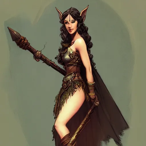 Image similar to elven princess character portrait by frank frazetta - wearing a dress, holding a staff, fantasy, dungeons & dragons, sharp focus, beautiful, artstation contest winner, detailed