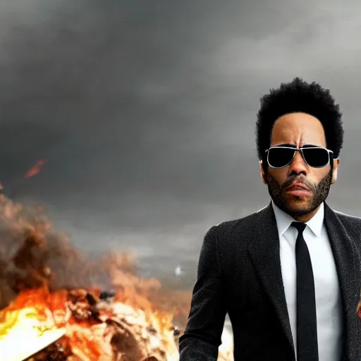 Image similar to lenny kravitz ( with accurate face ) as men in black agent fighting aliens, dynamic movie still, detailed 8 k photorealistic portrait, imdb poster style