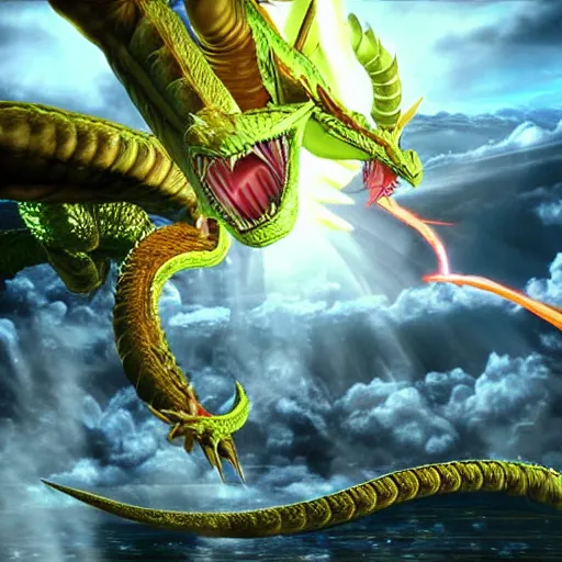 Image similar to shenron fighting bahamut, hyper realistic, cg animation, final fantasy, dragon ball z