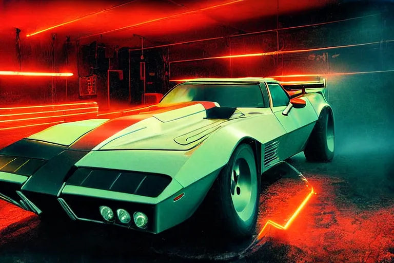 Image similar to stylized poster of mad max's pursuit special corvette, thick neon lights, ektachrome photograph, volumetric lighting, f 8 aperture, cinematic eastman 5 3 8 4 film