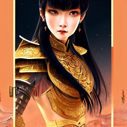 Image similar to portrait black hair young knights of Dynasty Warriors girl, rose golden color armor, in ruin chinese palace rooftop sunrise, ssci-fi and fantasy, intricate and very beautiful and elegant, highly detailed, digital painting, soft light, artstation, concept art, smooth and sharp focus, illustration, art by tian zi and WLOP and alphonse mucha