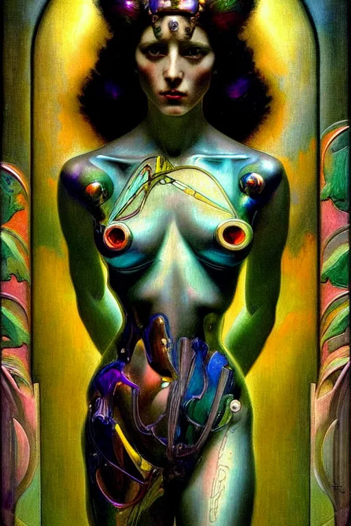 Image similar to prismatic cyborg goddess by steichen in the style of a modern tom bagshaw, alphonse muca, victor horta, gaston bussiere. anatomically correct. extremely lush detail. masterpiece. melancholic scene infected by night. perfect composition and lighting. sharp focus. high contrast lush surrealistic photorealism.