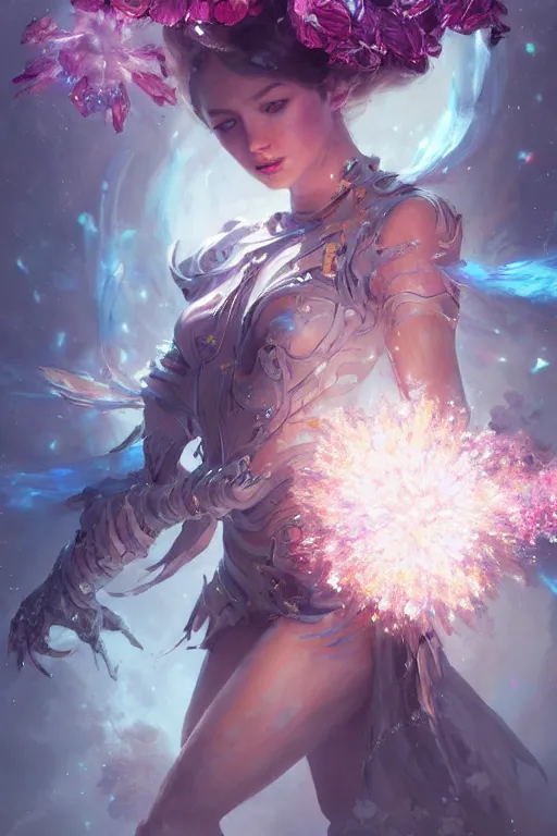 Image similar to beautiful girl necromancer covered with crystals exploding space, 3 d render, hyper realistic detailed portrait, holding magic flowers, ruan jia, wlop. scifi, fantasy, hyper detailed, octane render, concept art, peter mohrbacher
