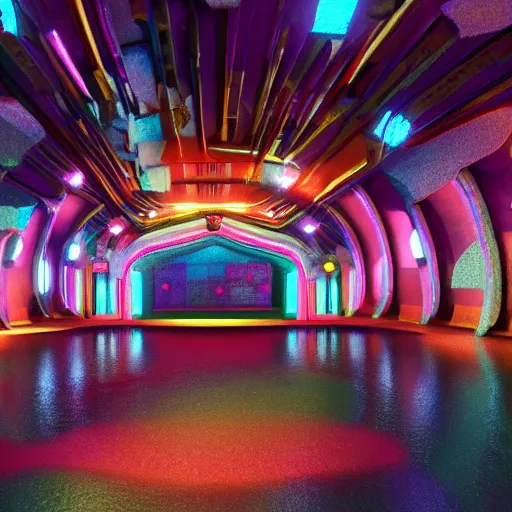 Image similar to underground cinema, realistic architecture, colorfull lights, octane render, 4k, 8k