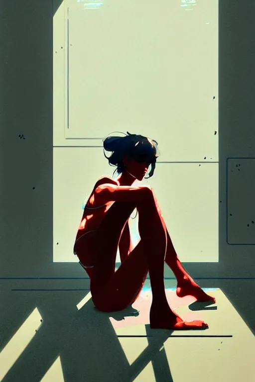 Image similar to a ultradetailed beautiful painting of a stylish woman sitting on the floor of a tiled room, by conrad roset, greg rutkowski and makoto shinkai trending on artstation