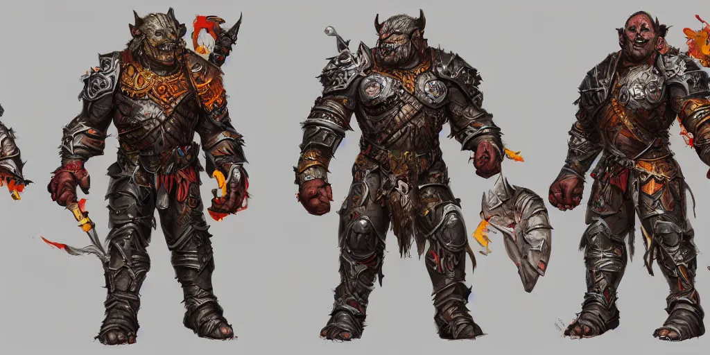 Prompt: different views of orcs in armour, colourful intricate! concept art by senior character artist, trending on artstation, artstation hd, full body character render