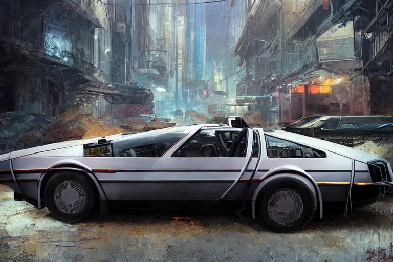 Image similar to photograph of the delorean, with a sleek spoiler, driving down the streets of a cyberpunk abandoned city, by greg rutkowski, by stanley artgerm, by alphonse mucha