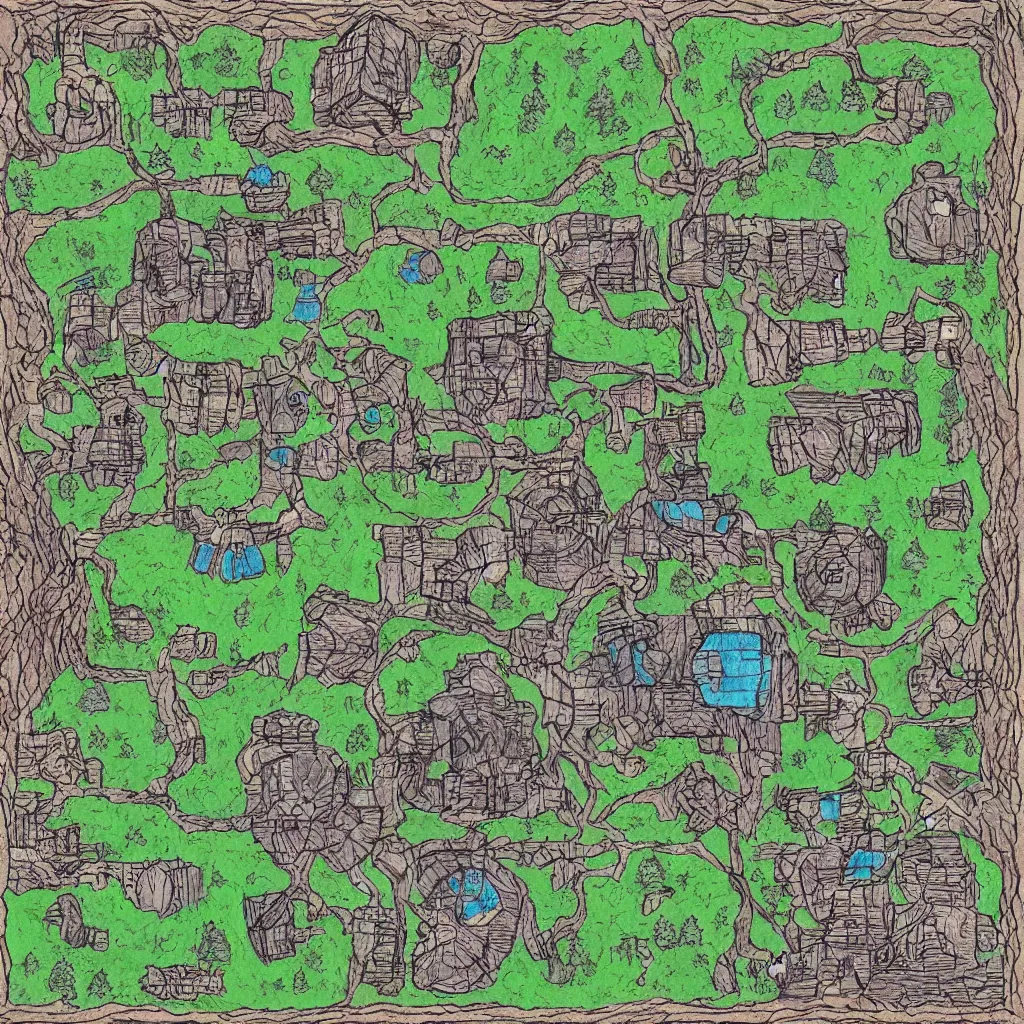 Image similar to bandit camp layout, art by allixander maps, acrylic drawing, fantasy, world, bright, clear, simple, sharpened