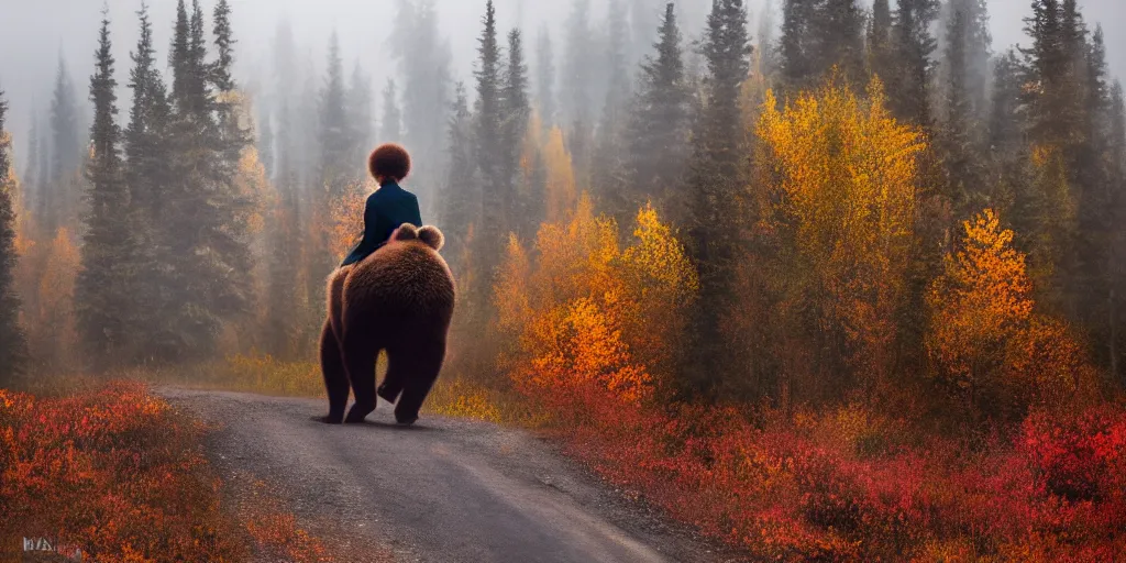 Image similar to back of bob ross riding on the back of brown bear in alaska at fall season, outdoor lighting, realistic, photo, national geographic photo, volumetric, fog