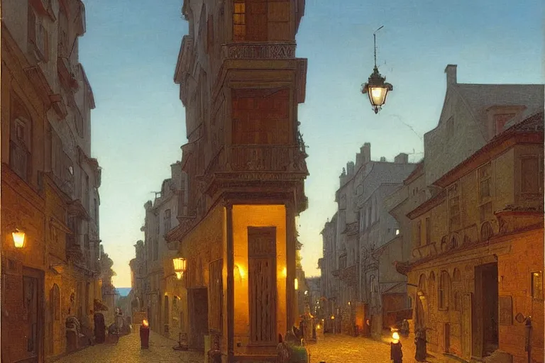 Prompt: winding street at twilight in a very old very beautiful city by George Price Boyce and Donato Giancola and William Dyce, glowing paper lanterns, strong dramatic cinematic lighting , ornate tiled architecture, lost civilizations, smooth, sharp focus, extremely detailed