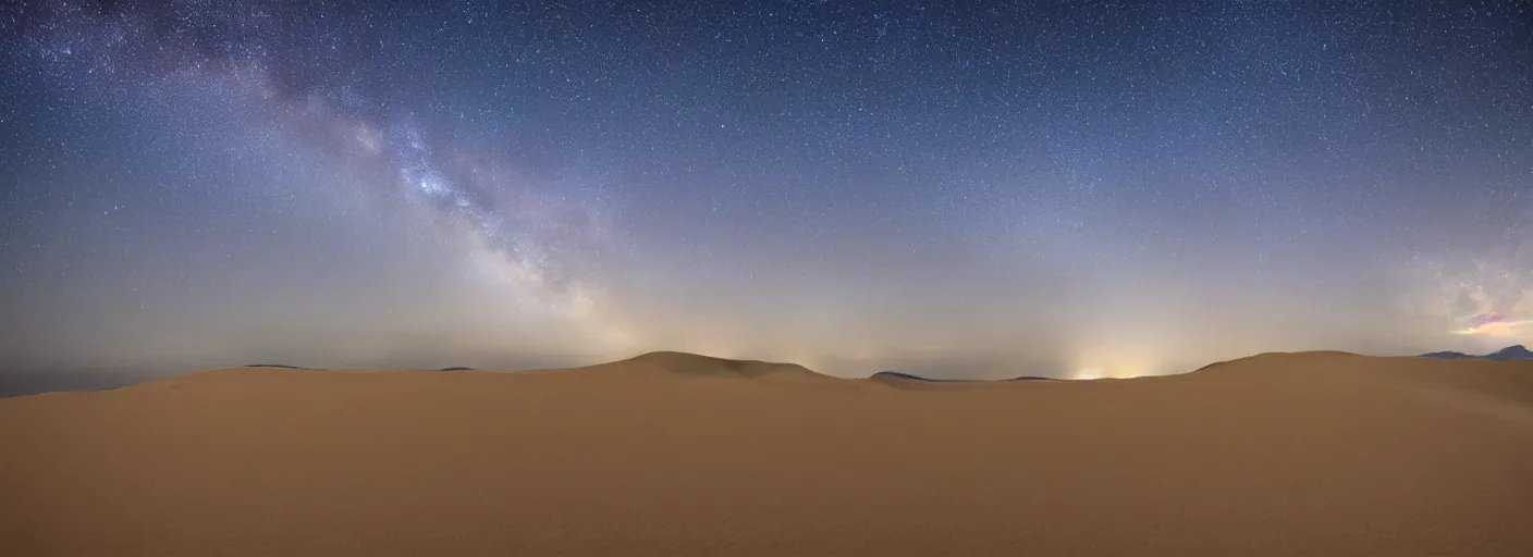 Prompt: Dunes at dawn visible milky way at night