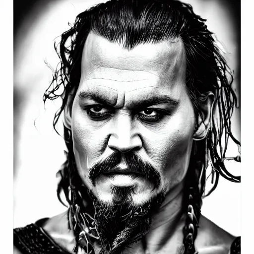 Prompt: portrait of johnny depp as khal drogo from games of thrones, mascular, symmetrical, nikon 3 5 mm photography, ultrarealistic