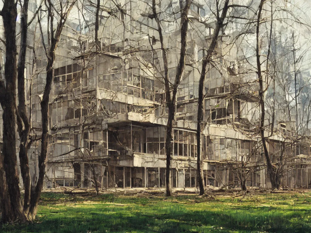 Image similar to A beautiful painting of a dilapidated post-modern building in the wood, by Coby Whitmore, Trending on artstation, very detailed