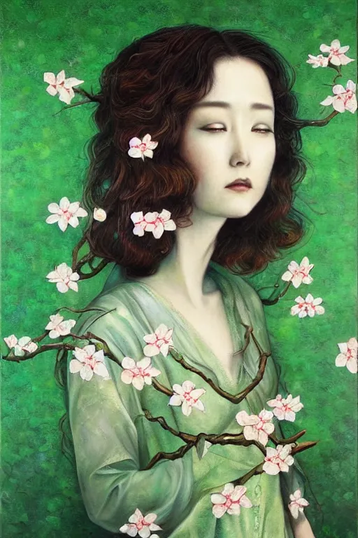 Prompt: beautiful oil painting of a movie poster by chie yoshii, full body portrait, cherry blossoms, symmetrical face, giant eyes, gorgeous, green hair, cute, pretty, dramatic lighting