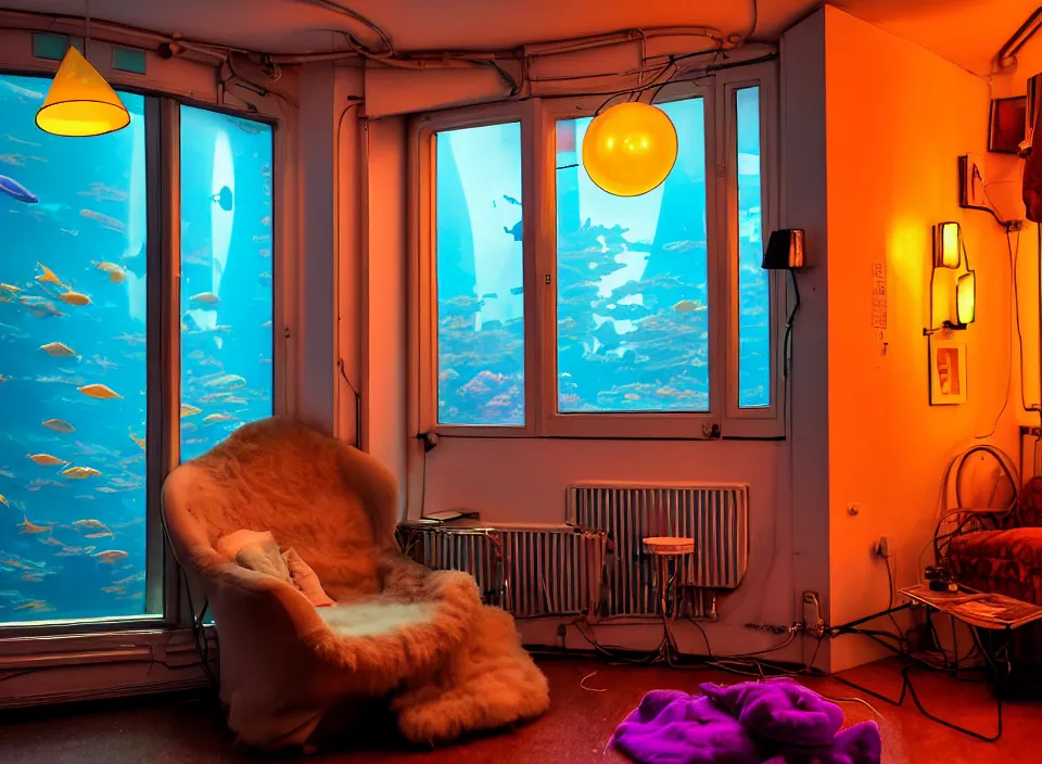 Image similar to telephoto 7 0 mm f / 2. 8 iso 2 0 0 photograph depicting the feeling of chrysalism in a cosy cluttered french sci - fi ( art nouveau ) cyberpunk apartment in a pastel dreamstate art cinema style. ( aquarium, computer screens, window ( city ), led indicator, lamp ( ( ( armchair ) ) ) ), ambient light.