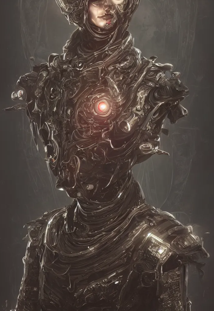 Prompt: a fancy portrait of n android necromancer, aura of light, friendly, bloodborne style, artificial intelligence, scifi, futuristic, highly detailed, trending on artstation, advanced technology, art by vitaly bulgarov and nivanh chanthara and lance wilkinson