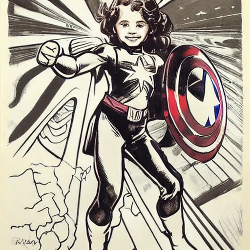 Image similar to a little girl with a mischievous face and light brown curly wavy hair. she is dressed as captain america, spider - man, batman, captain marvel, a superhero. well composed, clean elegant painting, beautiful detailed face. by steve ditko and jack kirby and alphonse mucha