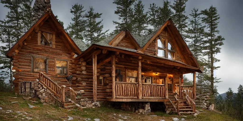 Image similar to stunning rustic cabin exterior in appalachian hills by andreas franke