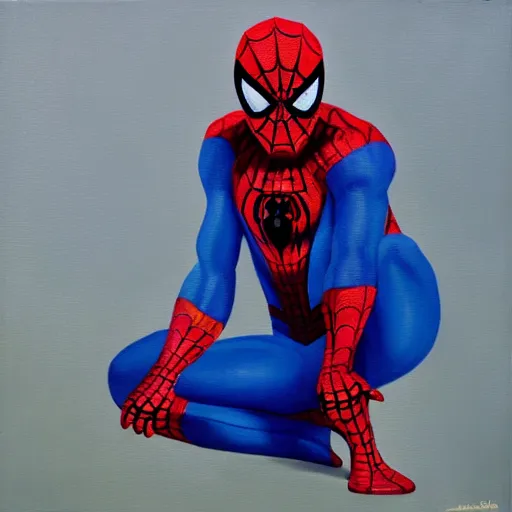 Image similar to spiderman kneels, praying to spider god, oil painting