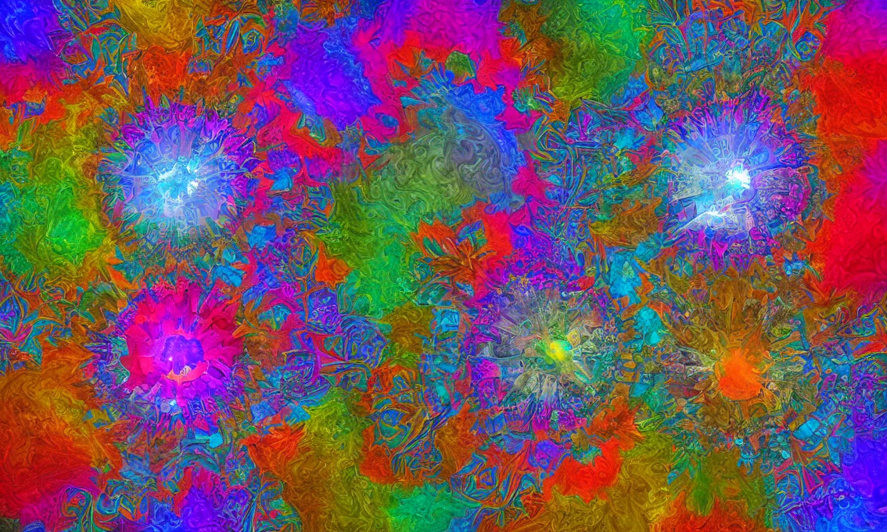 Image similar to acrylics blob voronoi engine laboratory 3 d volume kaleidoscope mandala fractal chakra digital multicolor stylized concept substance liquid nebula stone, a spectacular view cinematic rays of sunlight comic book illustration, by john kirby radiating a glowing aura global illumination ray tracing hdr depth fog overlay multiply photoshop layer