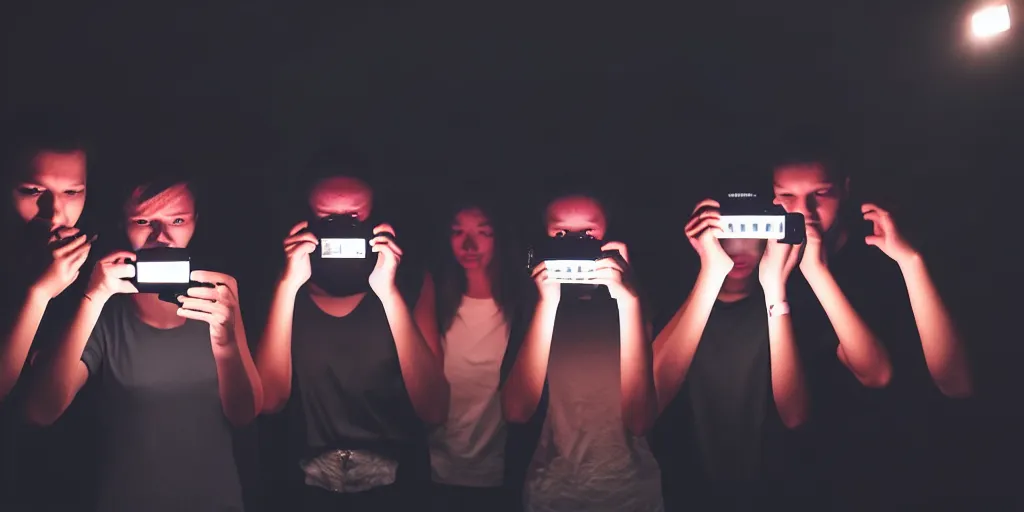 Prompt: group of people in a dark room, illuminated by the screen of their smartphones. dark environment, picture taken with smartphone camera, dslr photograpy, 4K, highly detailed, vibrant colors, Nikon d850 55mm. documentation photography.