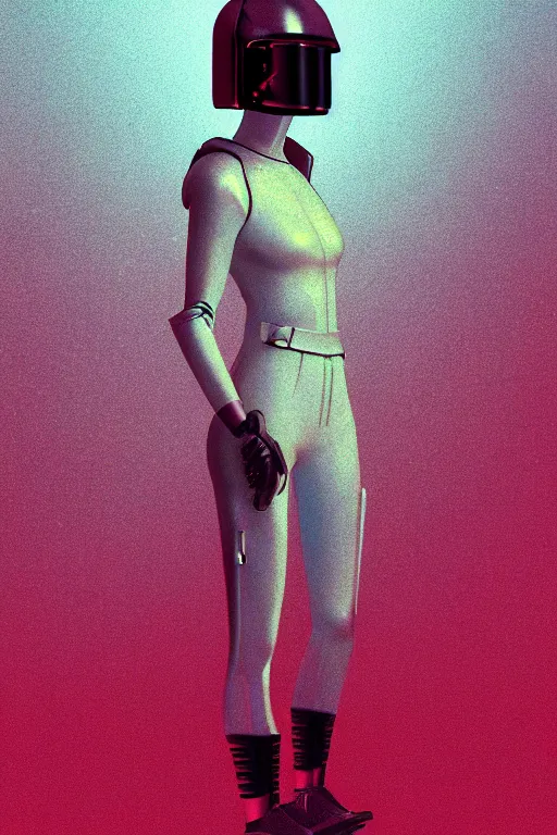 Prompt: full body nike fashion model, blade runner 2 0 4 9, scorched earth, cassette futurism, modular synthesizer helmet, the grand budapest hotel, glow, digital art, artstation, pop art, by hsiao - ron cheng