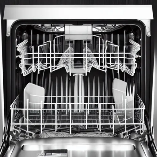 Prompt: The inside of a dishwasher has a single rusty frying pan, studio lighting, professional photography