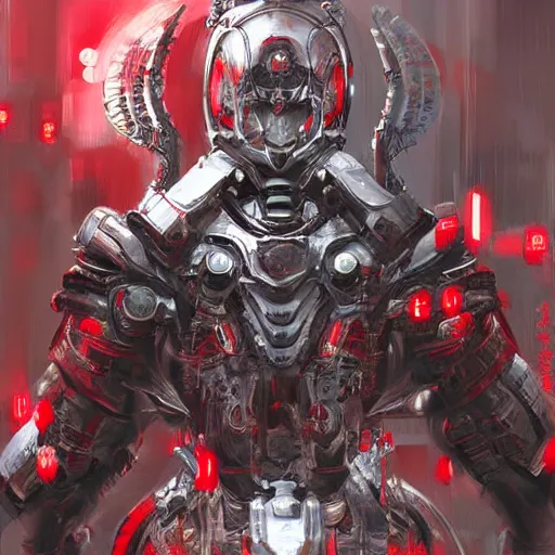 Prompt: red samurai cyborg with a dragon helmet, mech, cyberpunk, intricate details, highly detailed, concept art. Art by Nivanh Chanthara