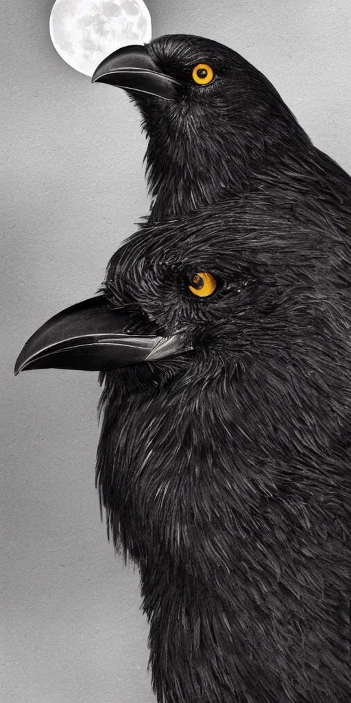 Image similar to close up portrait, crow in front of the full big moon, fantasy digital art, high definition, 8k, high details, high quality, golden and silver colors