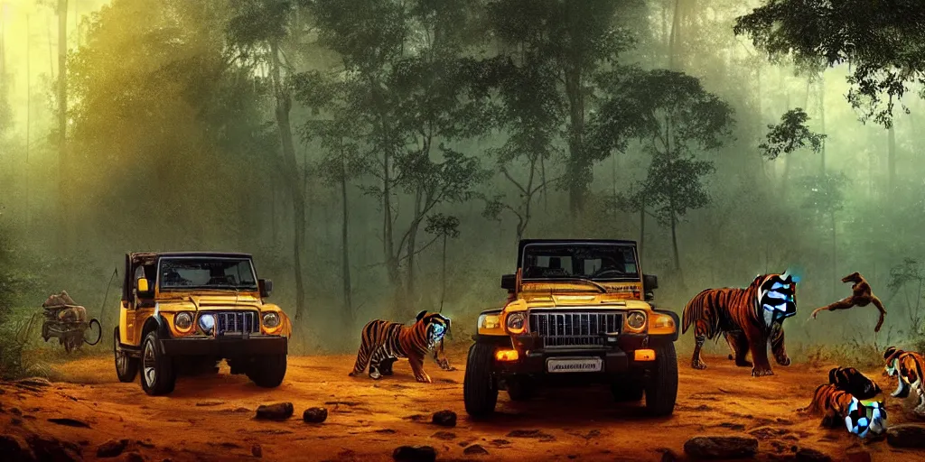 Image similar to Mahindra thar, in kerala forest, tigers and lions chasing, action scene, an epic fantasy, dramatic lighting, cinematic, establishing shot, extremely high detail, photorealistic, cinematic lighting, matte painting, artstation, by simon stalenhag, horizon forbideen west