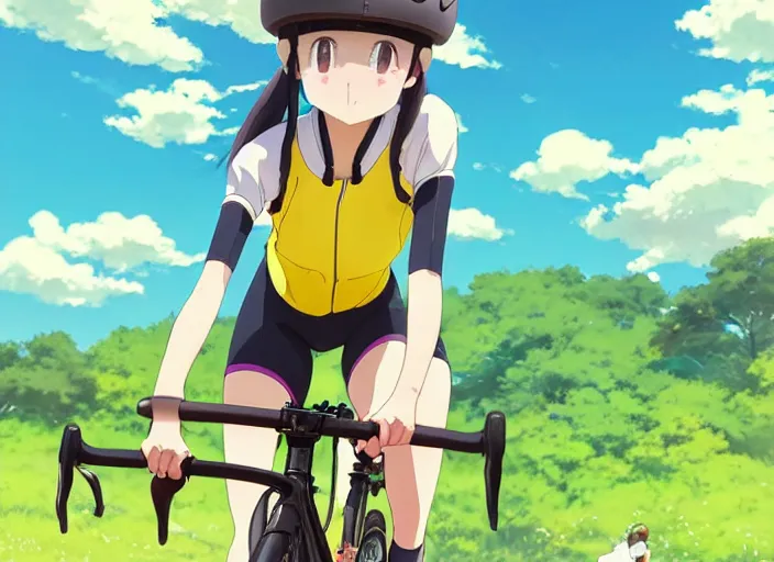 Prompt: portrait of cute girl riding road bike, sunny sky background, lush landscape, illustration concept art anime key visual trending pixiv fanbox by wlop and greg rutkowski and makoto shinkai and studio ghibli and kyoto animation, symmetrical facial features, sports clothing, yellow helmet, nike cycling suit, backlit, aerodynamic carbon frame, sponsors logo, sport golves