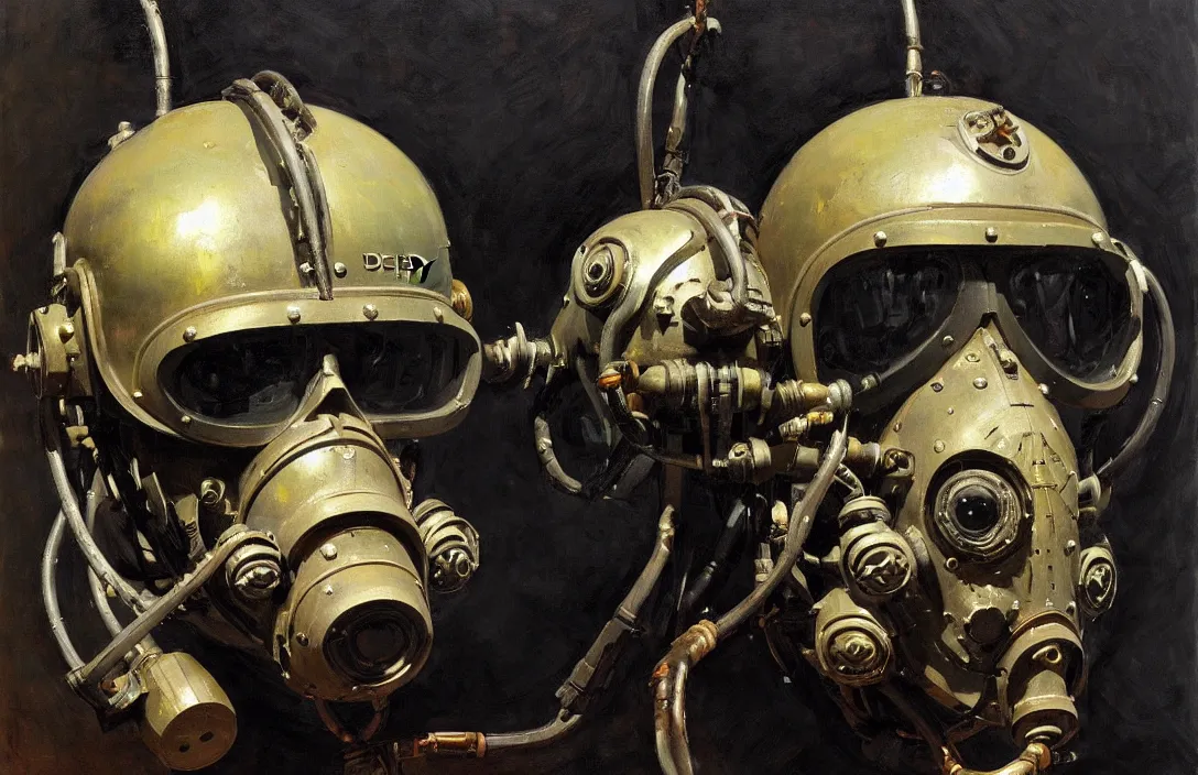 Image similar to portrait of deep sea diver helmet!!!!!!!!!!!!!!!!!!!!!!!!!!!, detailed skull face, detailed painting, epic lighting, by ilya repin, phil hale and kent williams