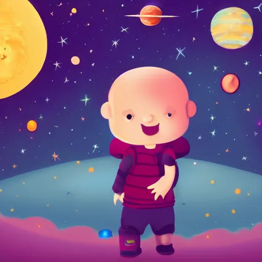 Image similar to lonley and gloomy baby in middle of space surrounded by colorful stars planets and galaxies, grainy design, high quality, 4 k, high details, smooth fucos, award winning, artstation