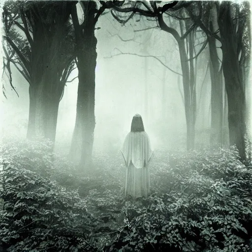 Prompt: an ancient evil-girl on a mysterious fractal forest, mist, 1910 photography, Black and white