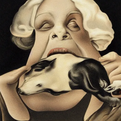 Image similar to a surrealist image of an old woman swallowing a whole dog