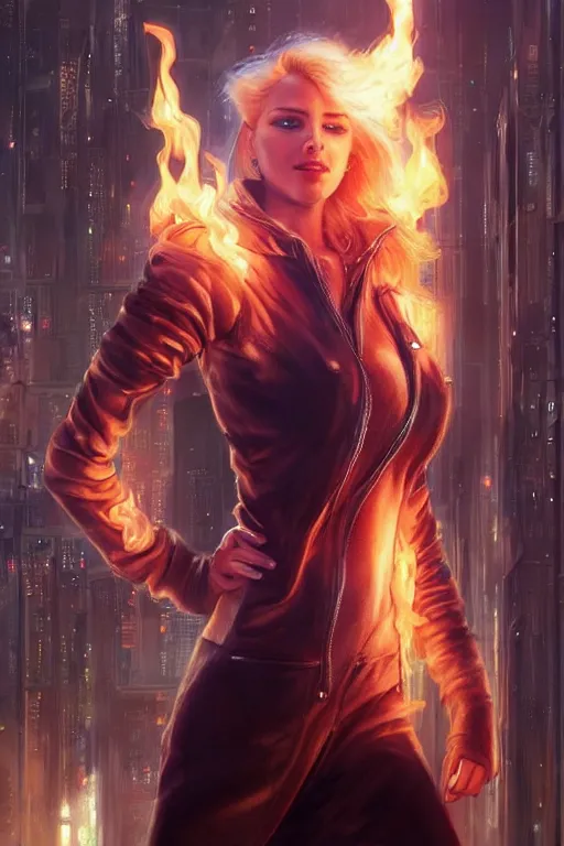 Image similar to wonderful young blonde woman with flames dancing on her hands with a long jacket in a cyberpunk city, realistic, high definition, detailed and symetric face, detailed and realistic hands, expressive eyes, 4 k, shimmering color, art by artgerm ans greg rutkowski and magali villeneuve