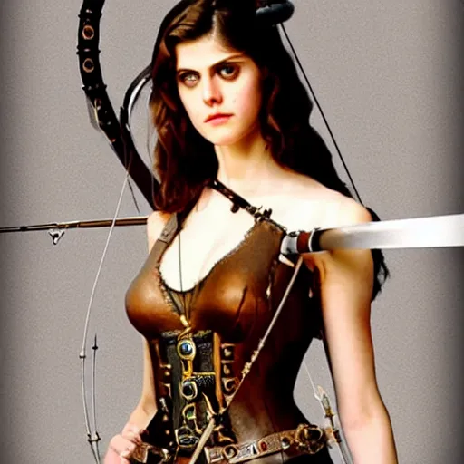 Prompt: full body photo of alexandra daddario as a female steampunk archer