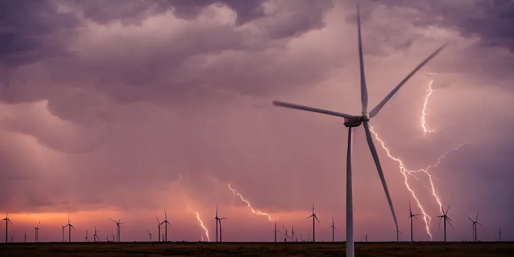 Image similar to photo of a stormy west texas sunset, perfect rustic ( ( wind turbine ) ), film photography, lightning, golden hour, high quality, beautiful!!!