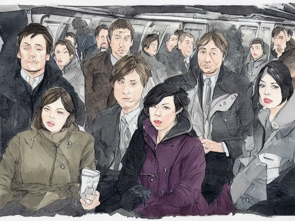 Image similar to a tight detailed ink and watercolor drawing in the style of Adrian Tomine, 3/4 low view close shot of two people sitting in a Chicago subway train: a sad Aubrey Plaza in a parka and a friendly Mads Mikkelsen in a suit