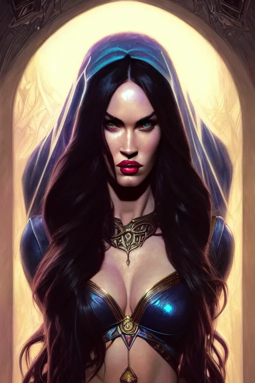 Image similar to portrait of megan fox as liliana vess, magic the gathering, intricate, headshot, highly detailed, digital painting, artstation, concept art, sharp focus, cinematic lighting, illustration, art by artgerm and greg rutkowski, alphonse mucha, cgsociety