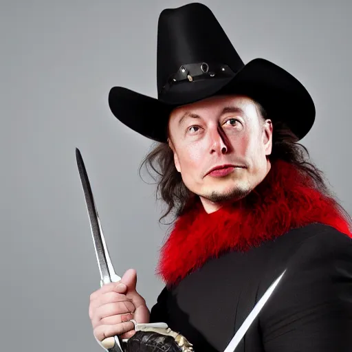 Image similar to photo of elon musk as a musketeer, he has a big black hat with a red feather, he is holding a shiny rapier sword and he is looking straight to the camera, gray background, studio lighting, 4 k, 8 k