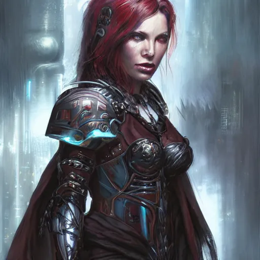 Image similar to aesthetic warrior sorceress in scale armor portrait by Raymond Swanland, cyberpunk, sci-fi cybernetic implants