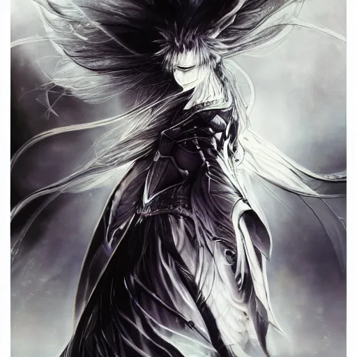 Image similar to yoshitaka amano blurred and dreamy realistic illustration of an anime girl with wavy white hair fluttering in the wind and cracks on her face wearing elden ring armour with the cape, abstract black and white patterns on the background, noisy film grain effect, highly detailed, renaissance oil painting, weird portrait angle